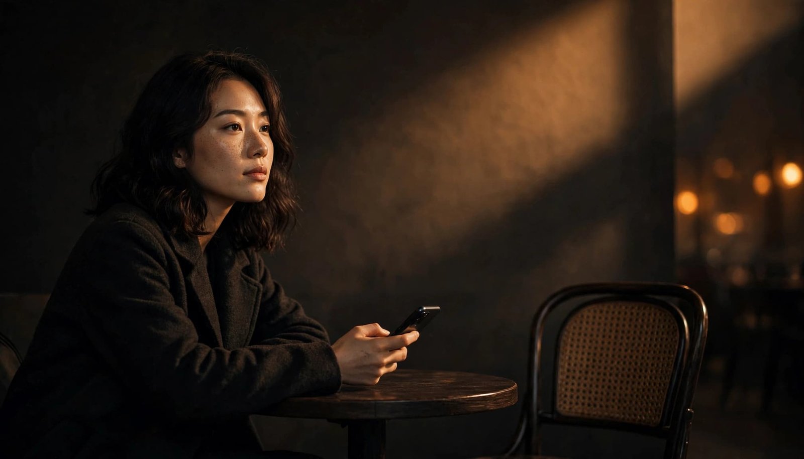 A calm woman holds her phone at a cafe table beside an empty chair.