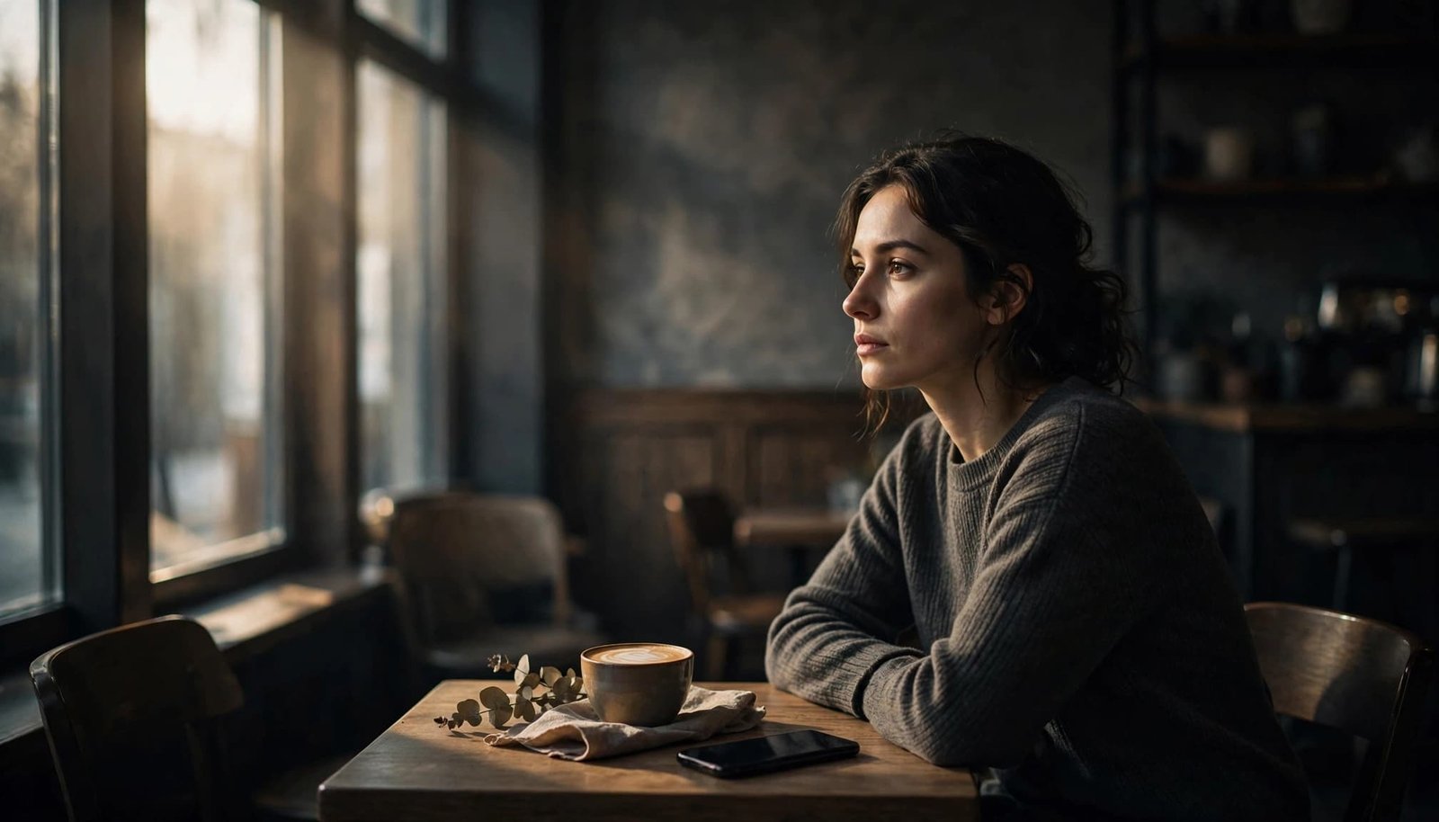A person sits alone at a cafe table beside a face-down phone.