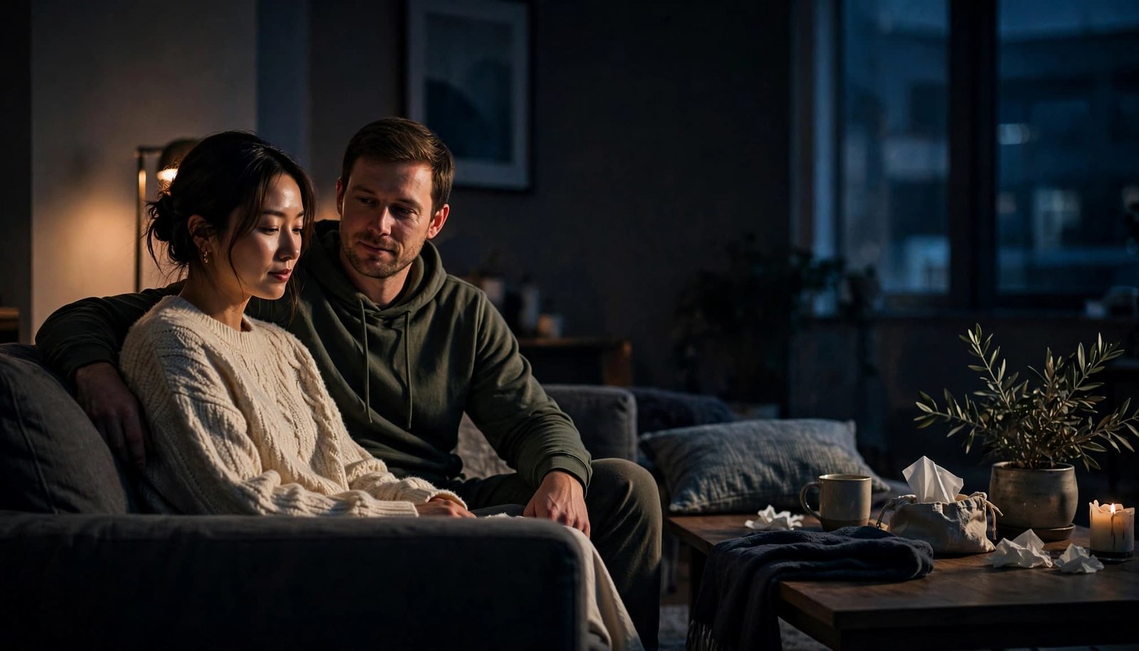 A couple shares a calm moment together in a softly lit living room.