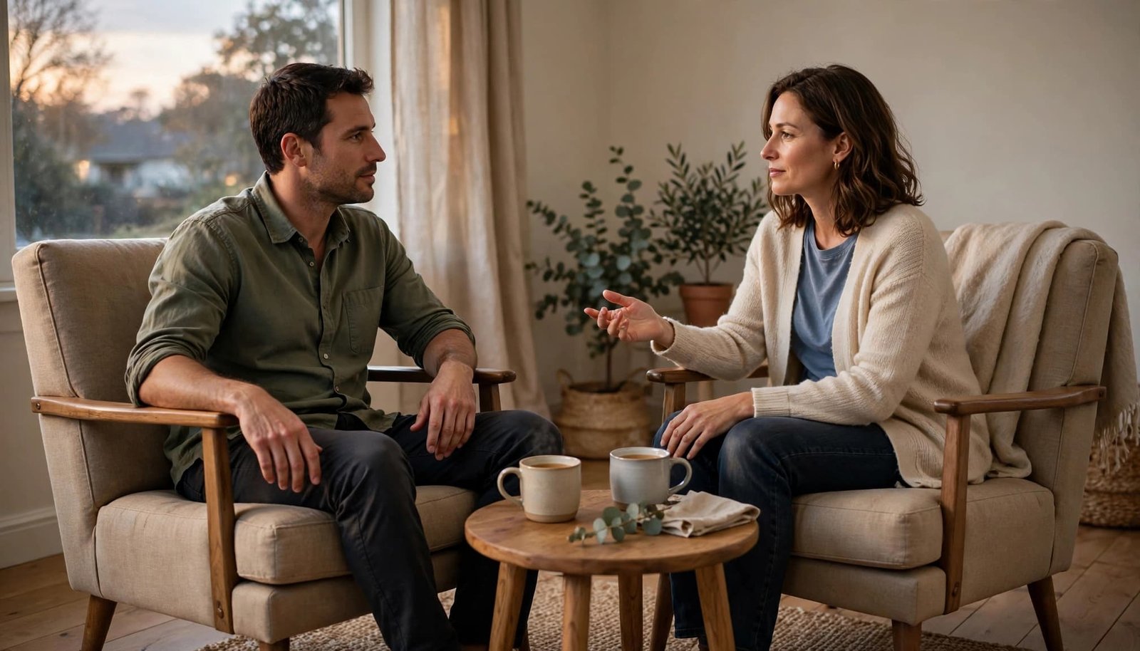 A couple talks calmly in two chairs with tea between them.