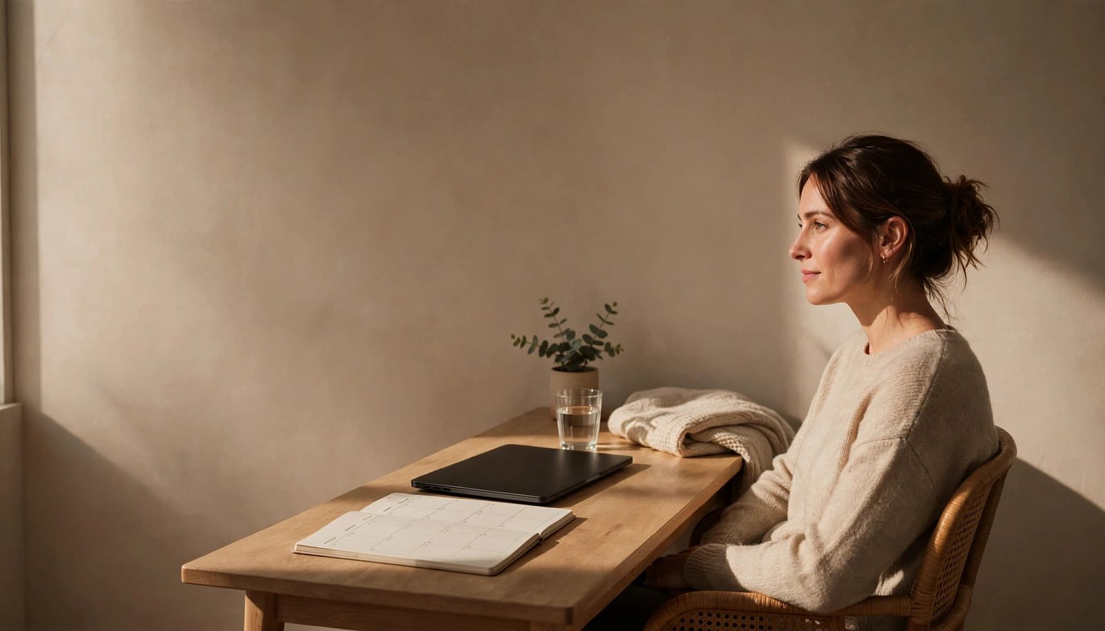 Person seated at a tidy desk with a planner, closed laptop, and water glass.
