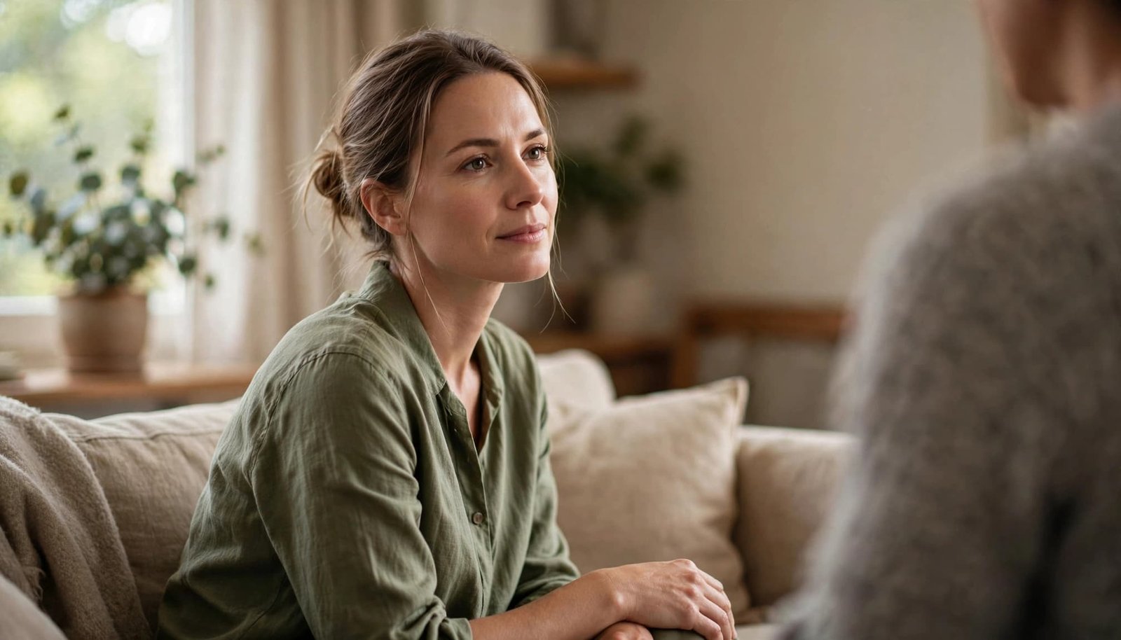 An adult calmly speaks with someone partially visible in a warm living room.