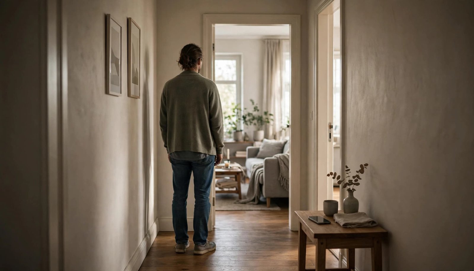 One person stands by an open doorway with a phone on a side table.