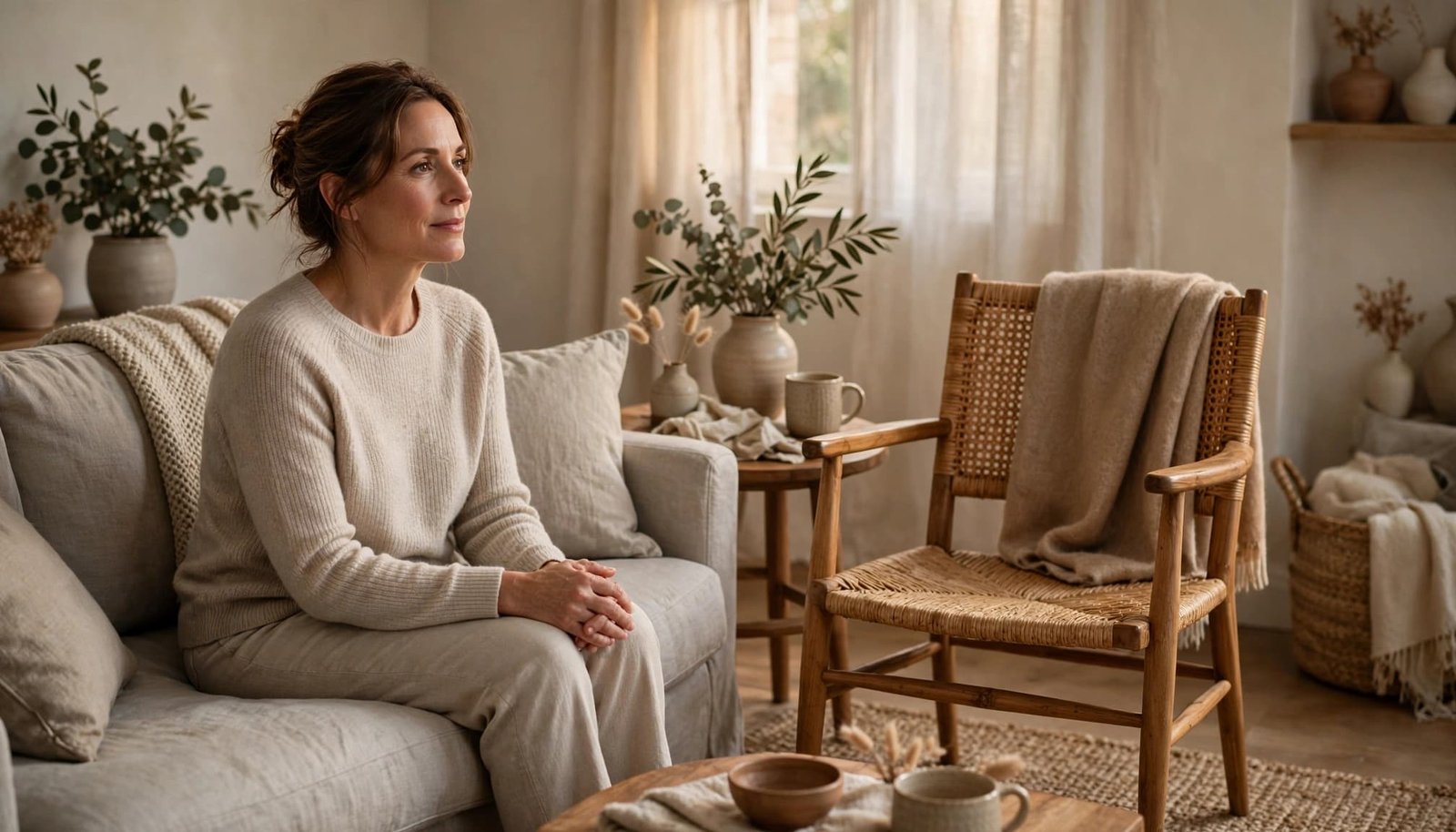 An adult sits calmly beside an empty chair in a warmly lit living room.
