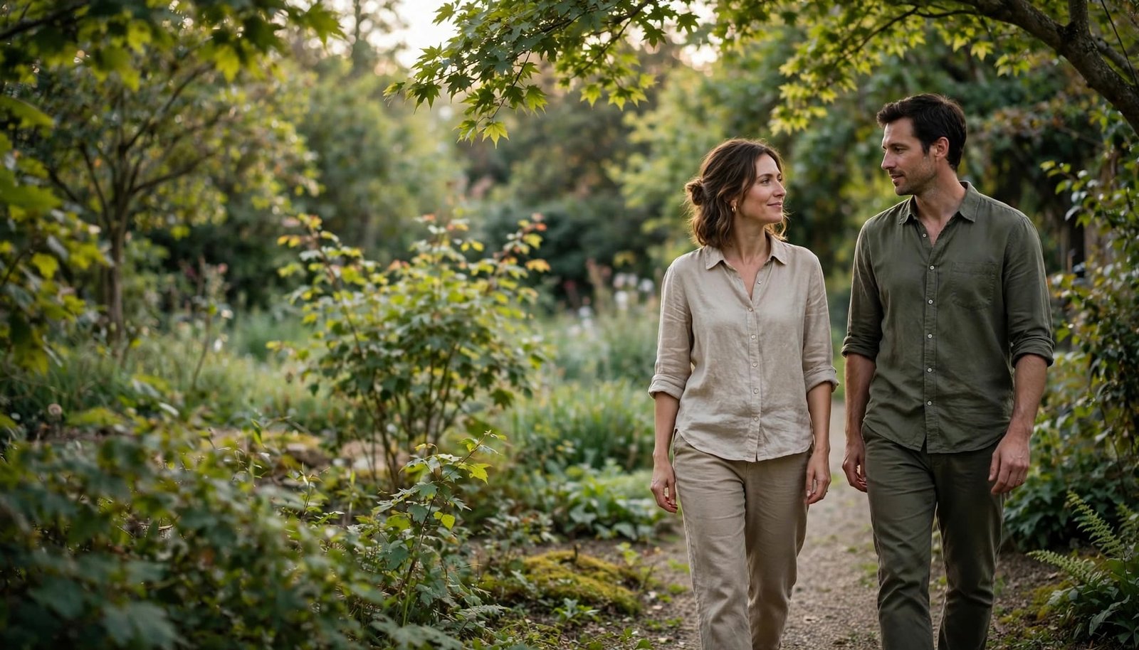 A couple talks while walking along a quiet garden path.