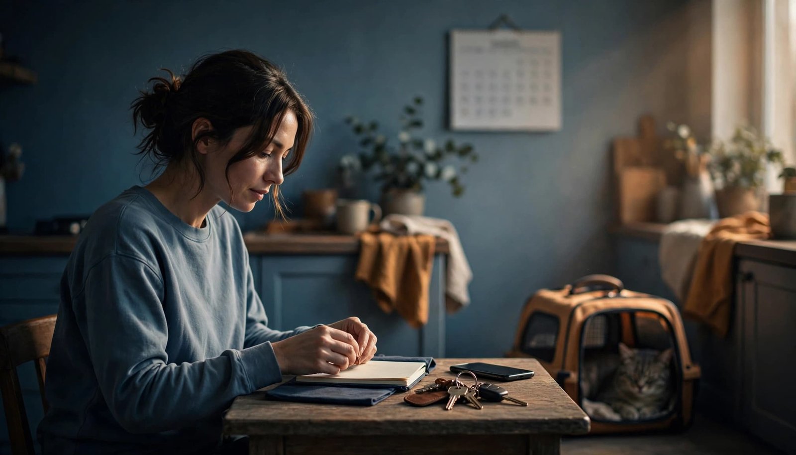 An adult organizes a phone, notebook, and keys at a kitchen table.