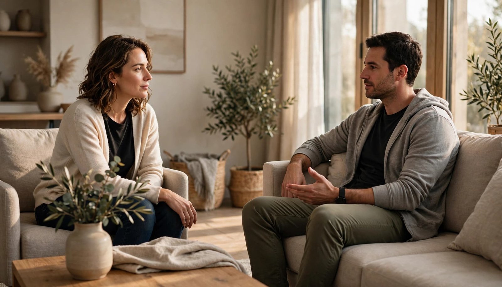 Two adults sit apart in a sunlit living room, having a calm conversation.