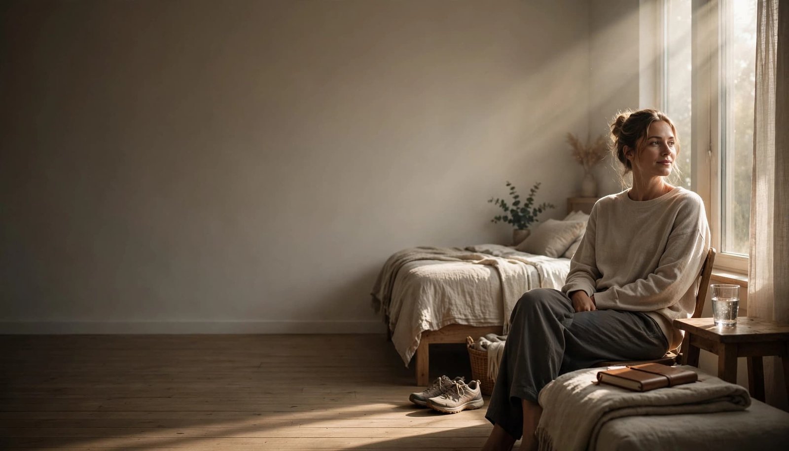 A woman sits by a sunny bedroom window beside water, shoes, and a journal.