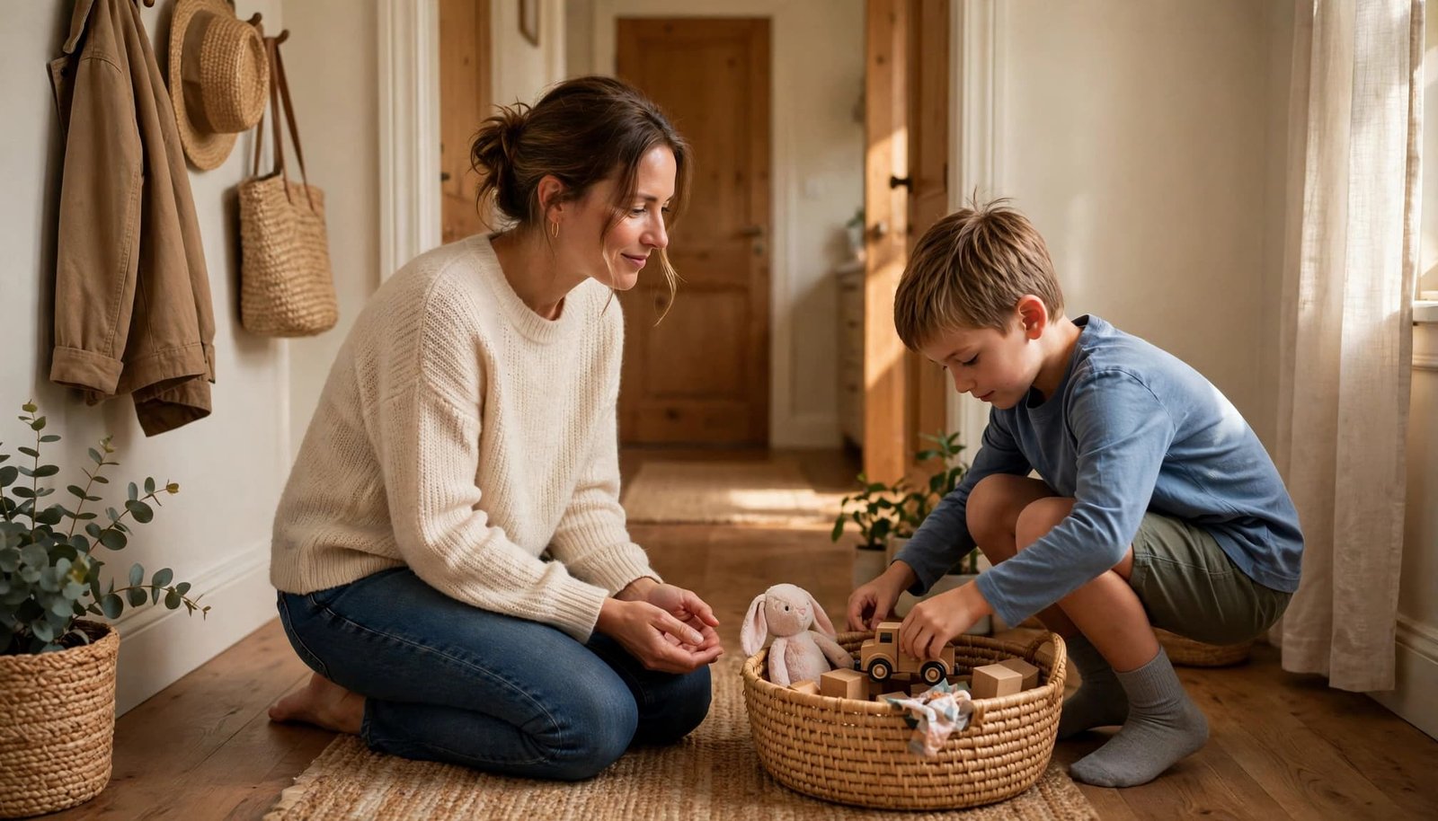 A parent kneels as a child puts a toy in a hallway basket.