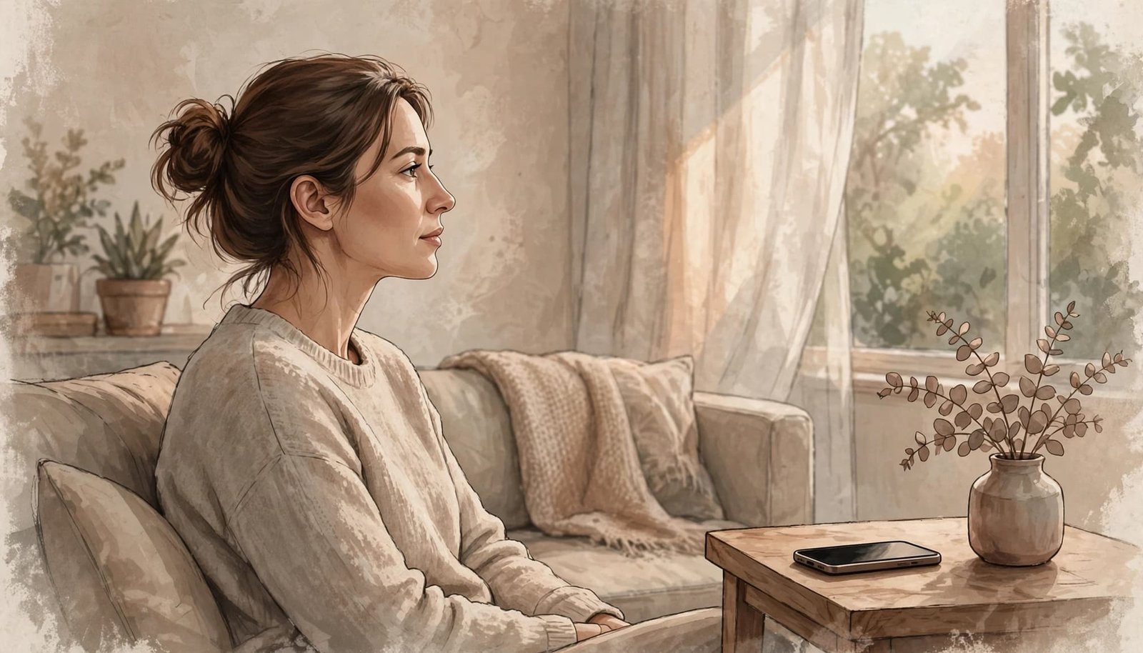 A person pauses in a warm living room beside a face-down phone.