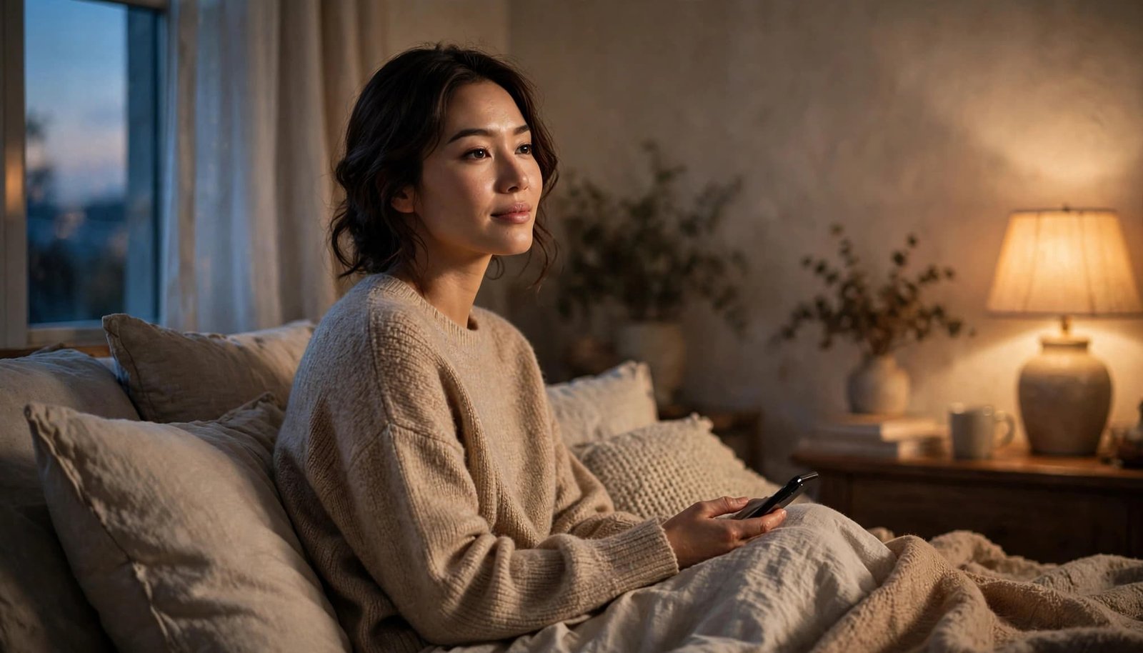A calm woman sits on her bed holding a phone in warm evening light.