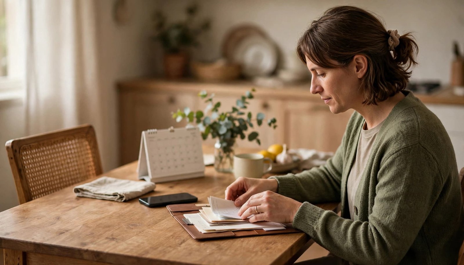 A caregiver organizes appointment notes beside a phone and calendar at a kitchen table.