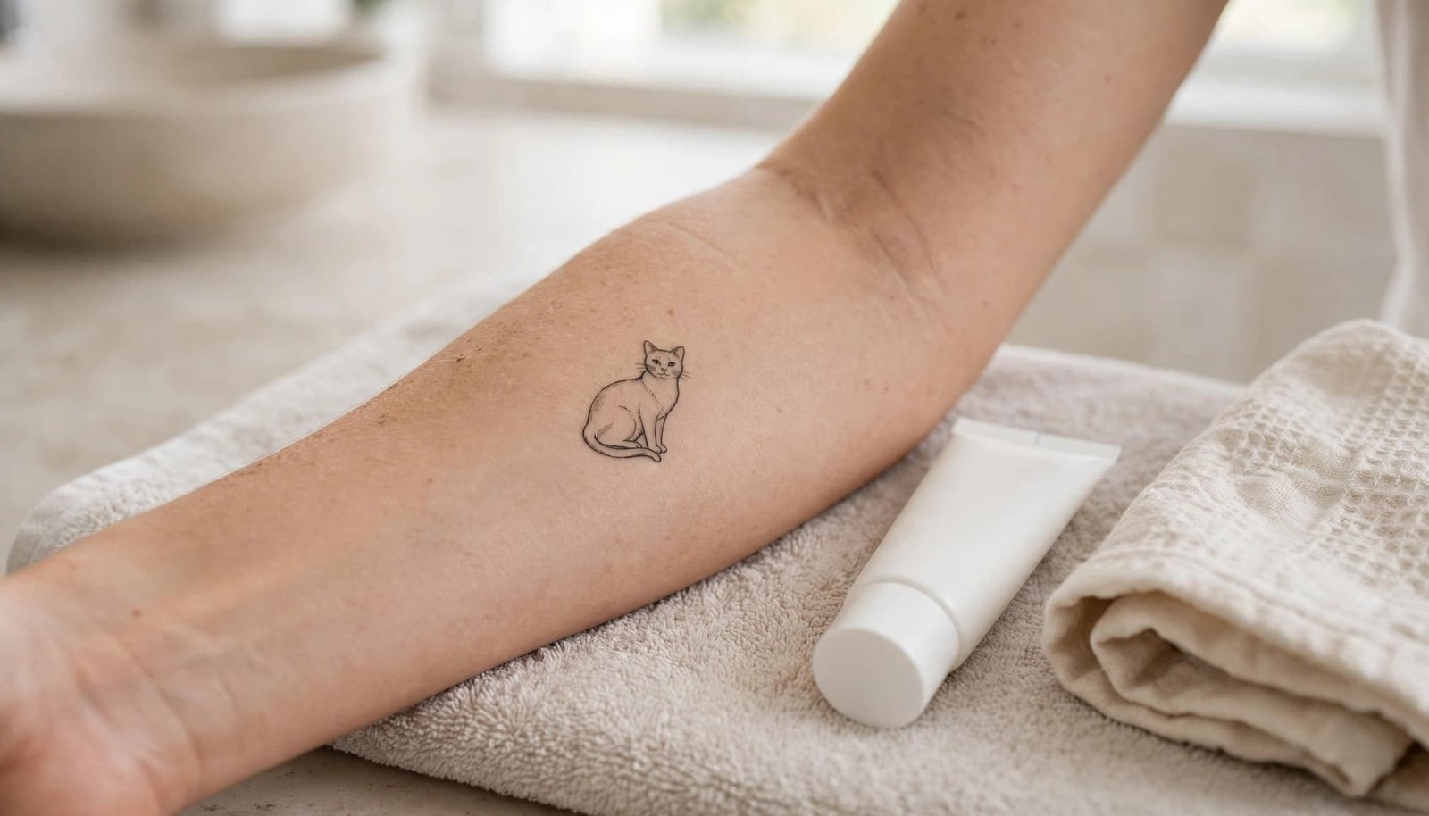 A healed cat tattoo beside moisturizer, a clean towel, and a cotton sleeve.