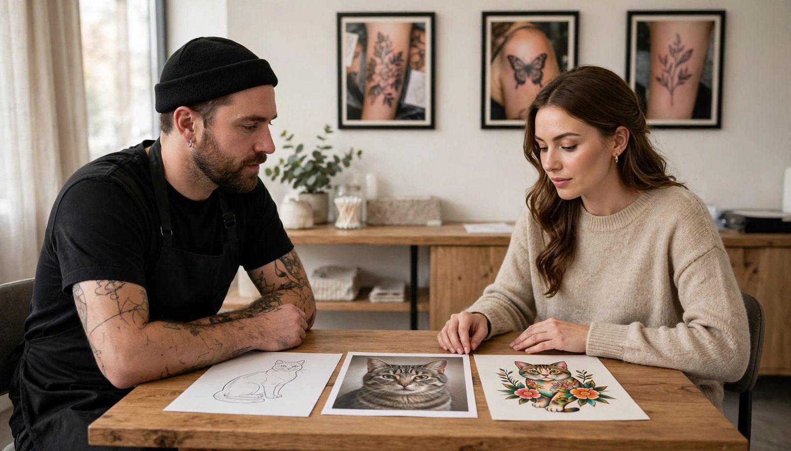 Tattoo artist and client reviewing cat tattoo reference photos at a studio table.