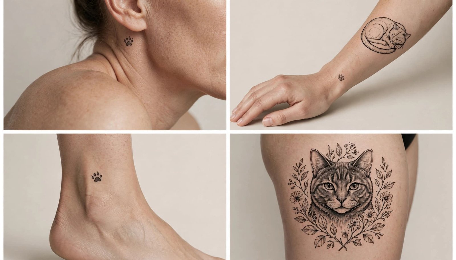 Cropped body areas display black cat tattoos in different sizes and styles.