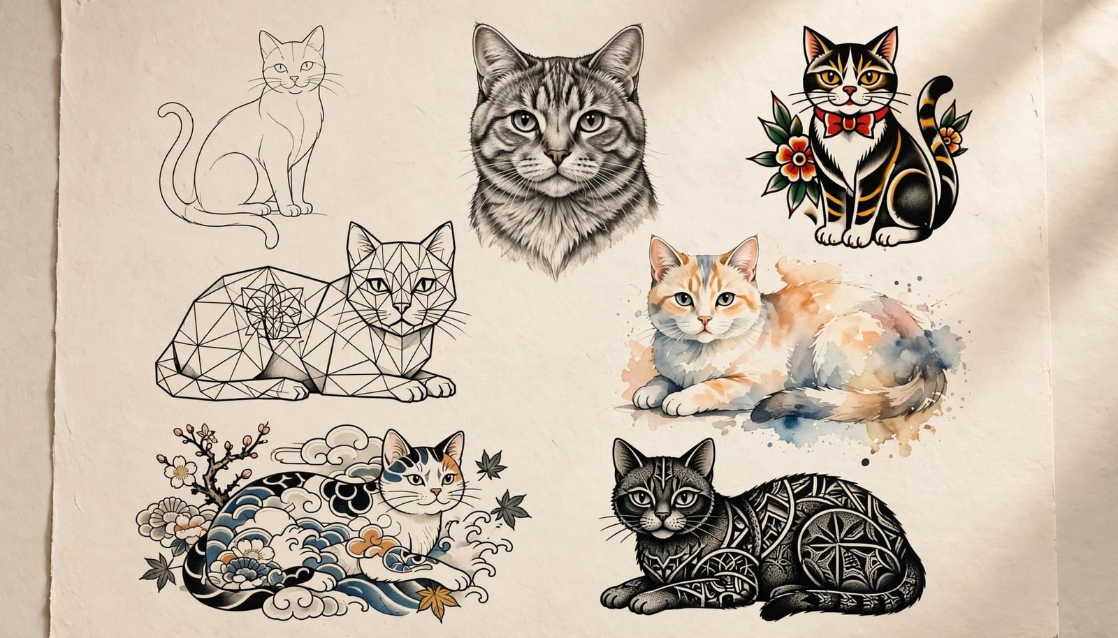 Seven distinct cat tattoo designs arranged on neutral paper.