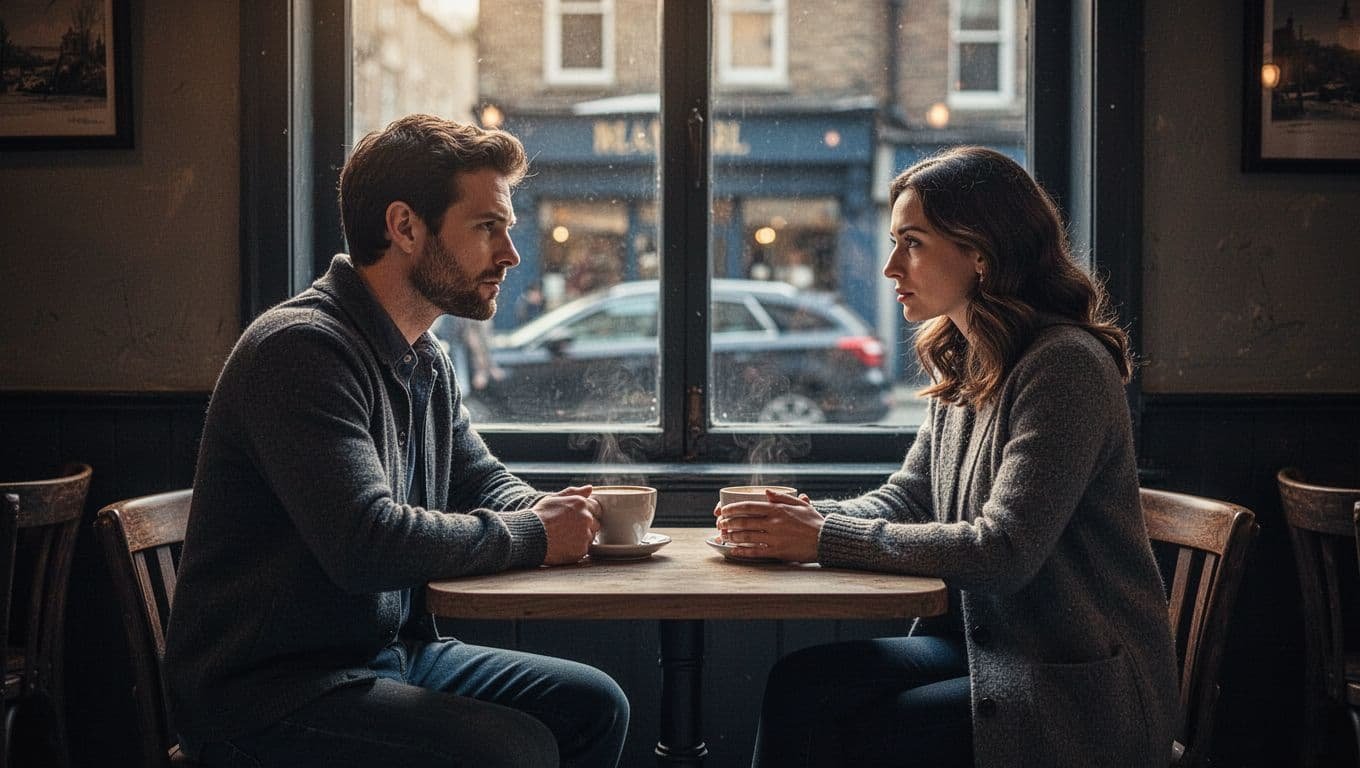 Two people share a serious coffee conversation at a quiet cafe table.