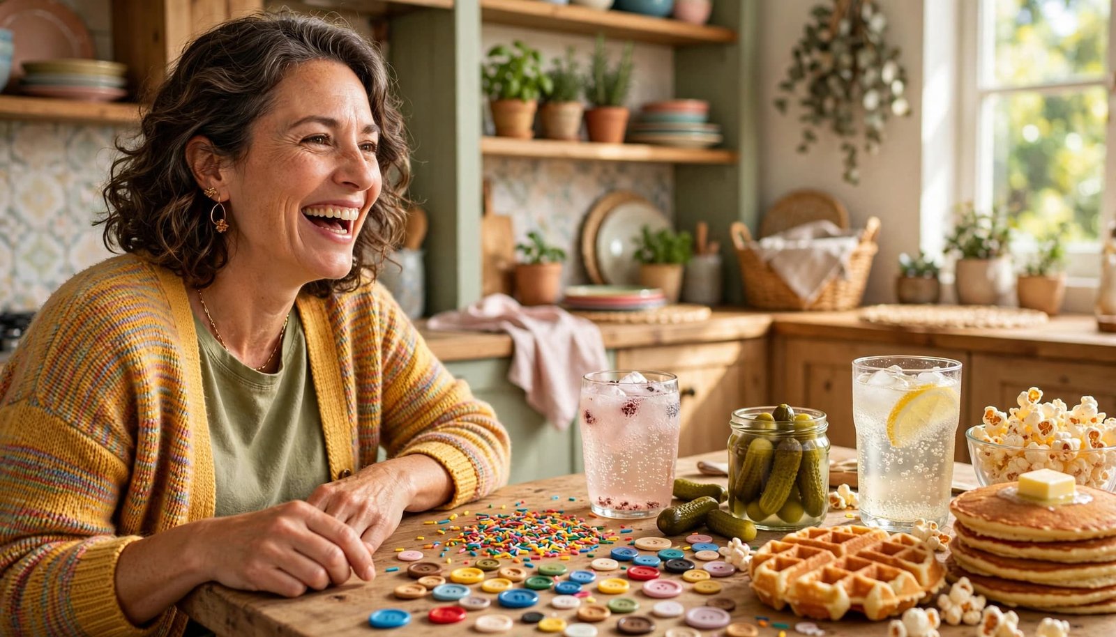 A laughing aunt beside a colorful table of playful snacks and fizzy drinks.