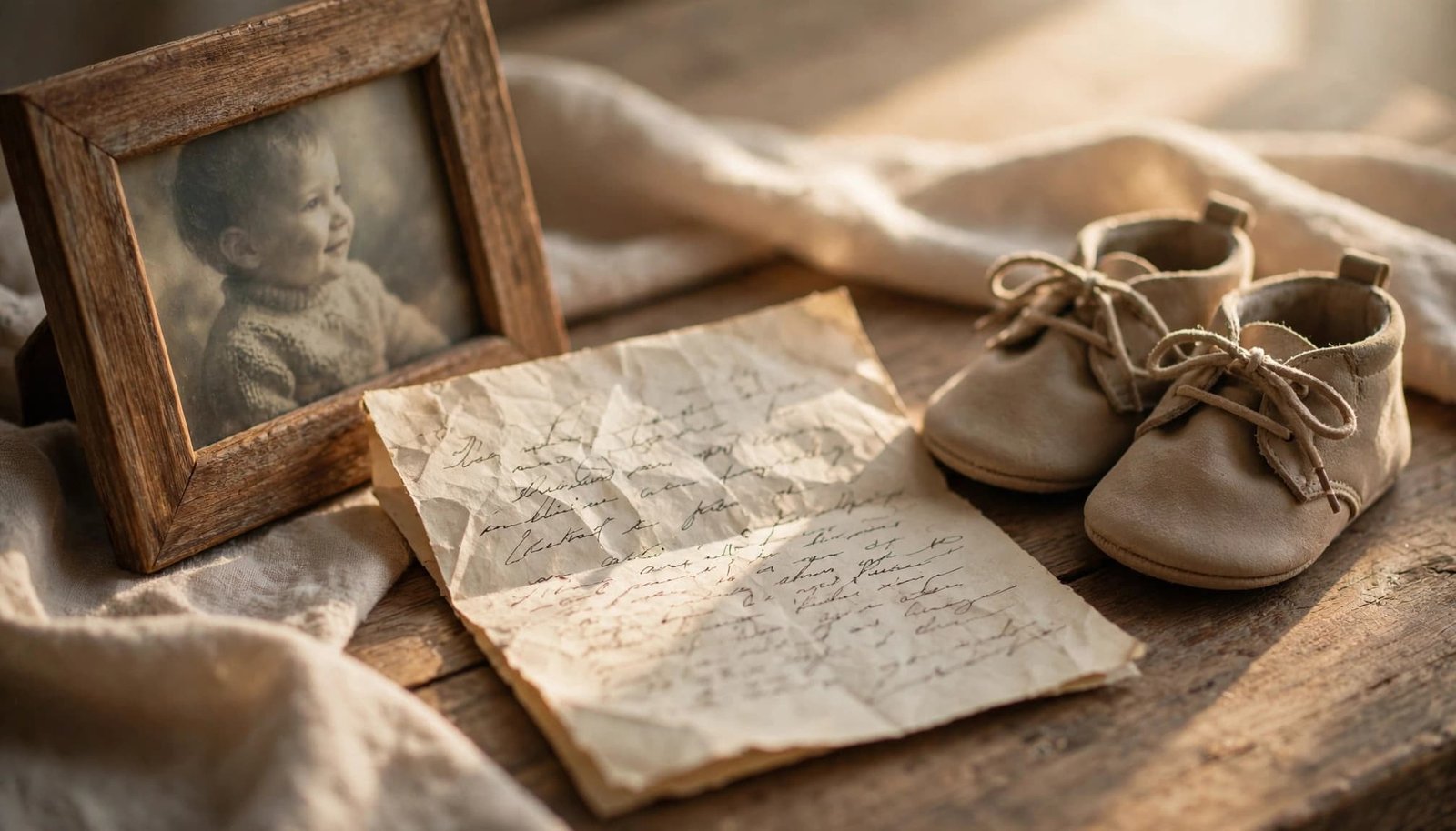 A childhood photo, handwritten letter, and baby shoes arranged on a wooden table.