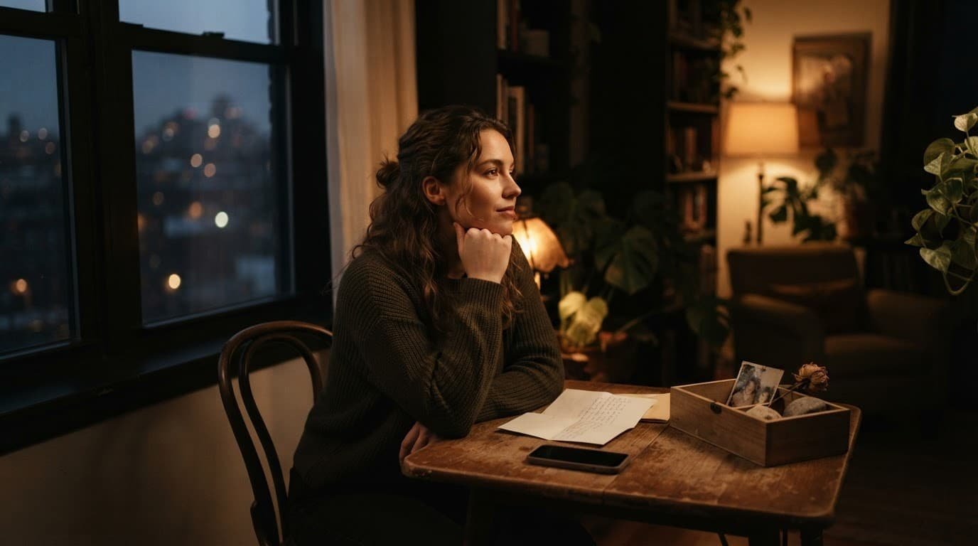 A person sits alone with an unsent letter and phone at a warmly lit table.