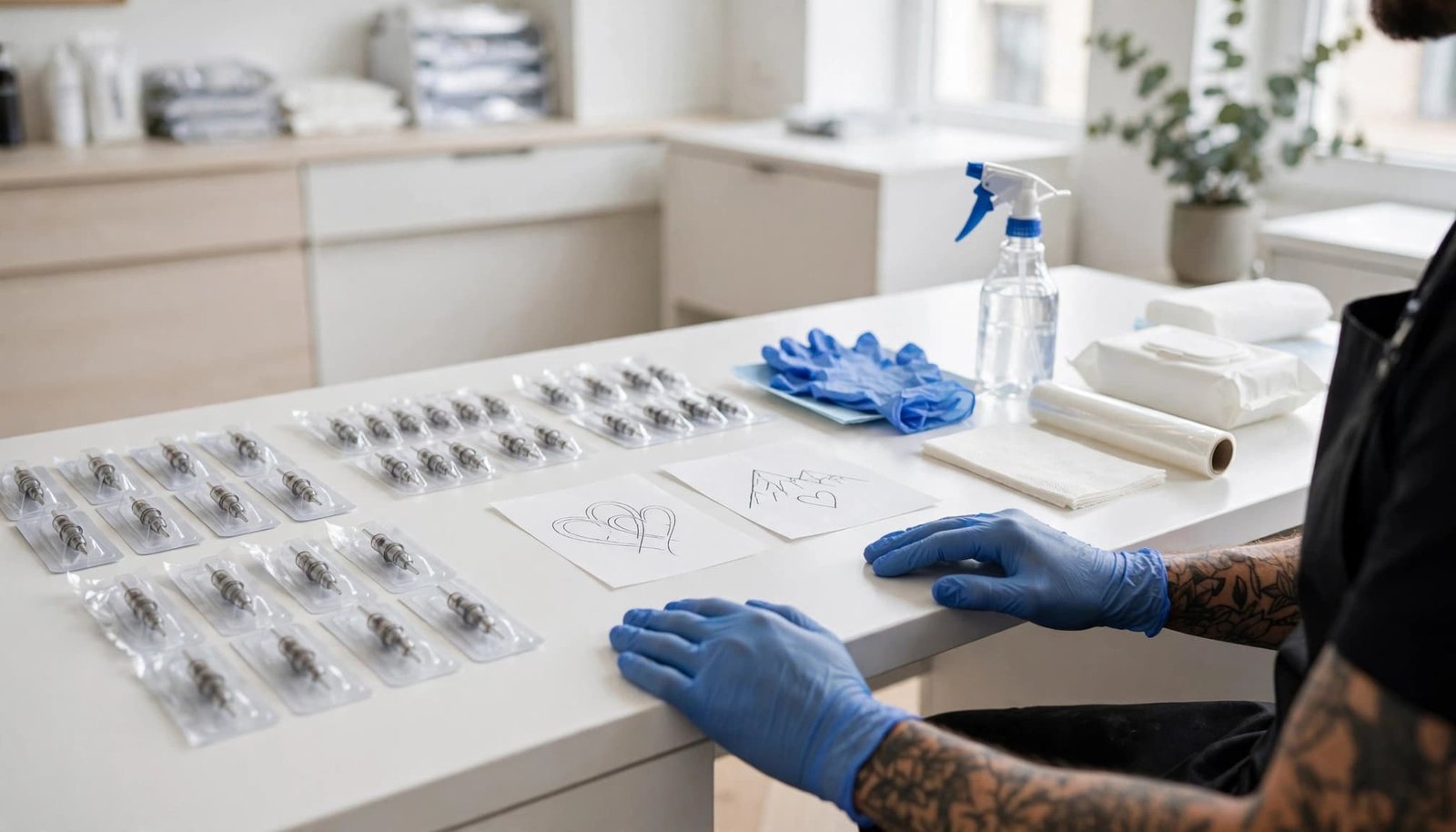 Tattoo artist preparing a clean workstation with gloves, sealed cartridges, and couple tattoo stencils.