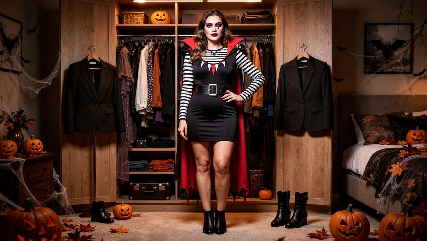 Woman modeling a black Halloween costume beside an organized clothing rack.