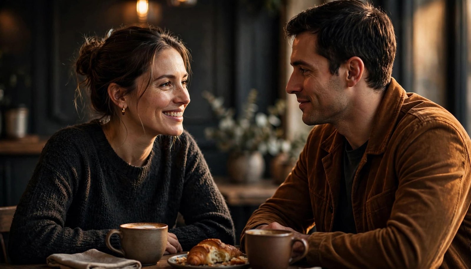 A woman smiles and maintains eye contact with a man during a cozy coffee shop conversation.