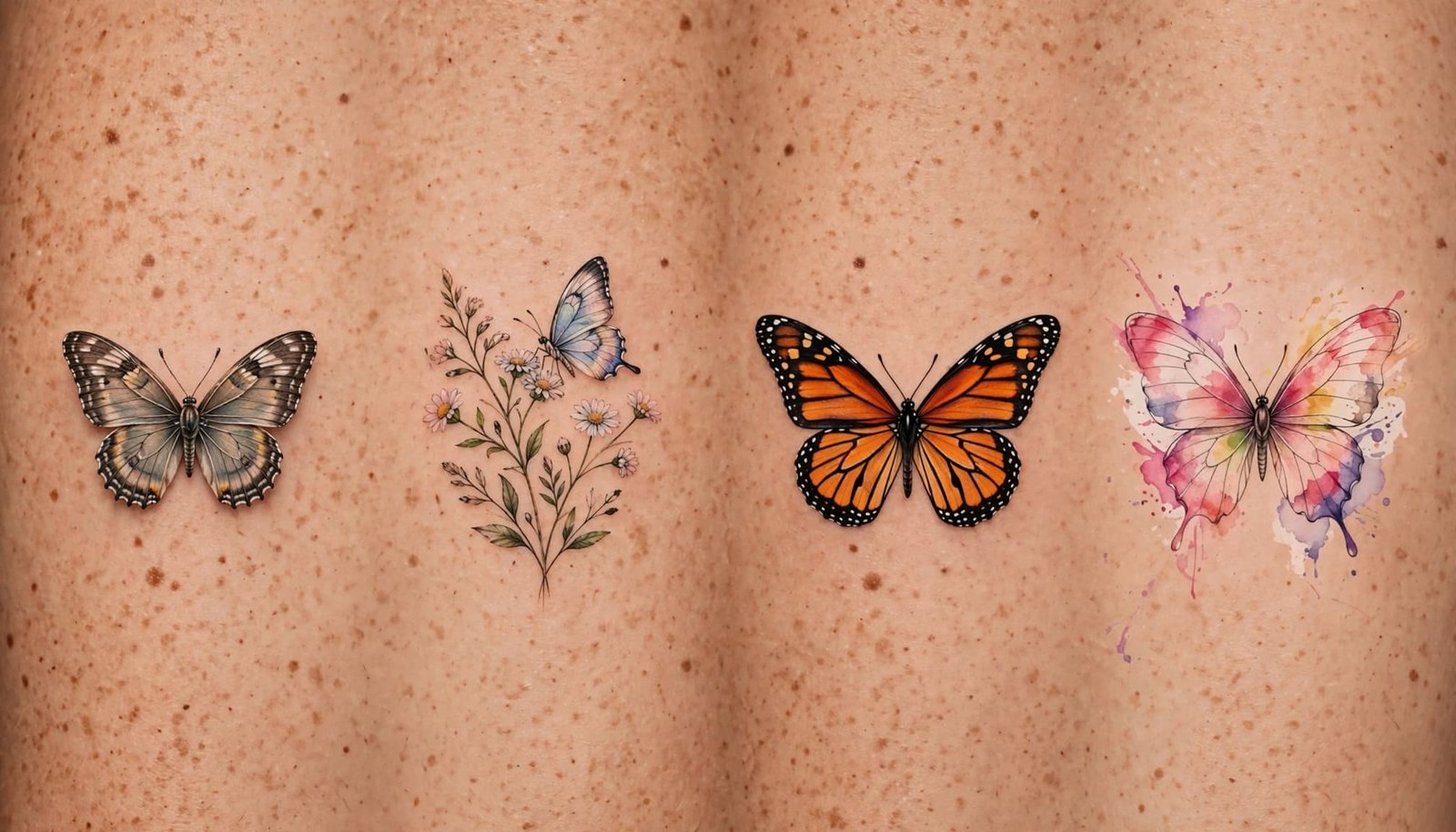 Four colorful butterfly tattoo designs arranged on a warm skin-toned surface.