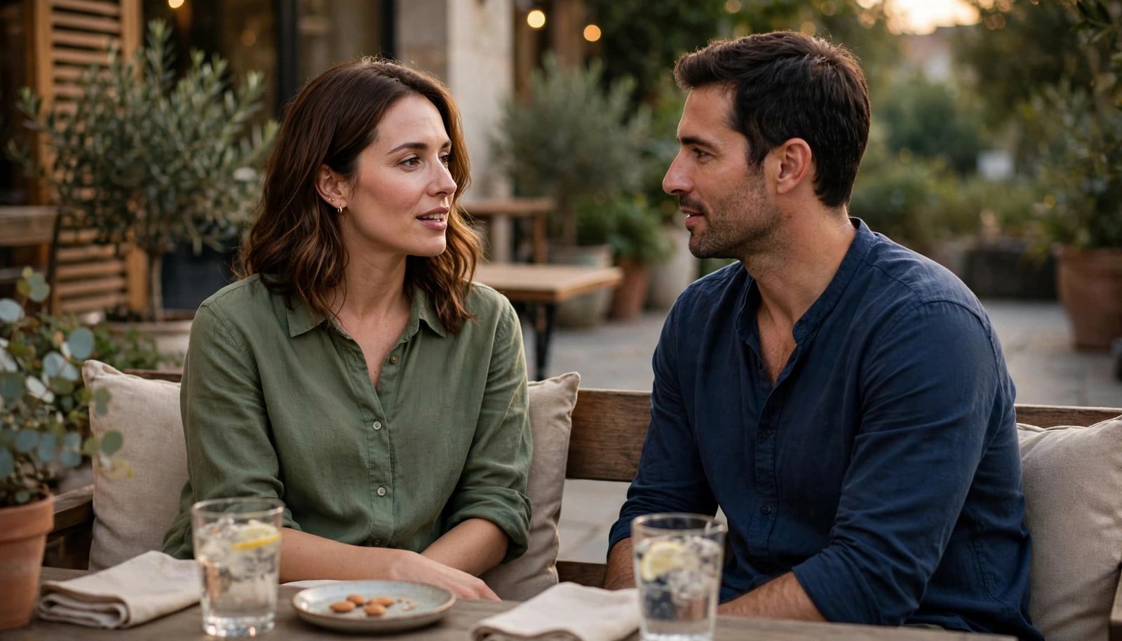 Two adults talk side by side at an outdoor cafe with comfortable personal space.