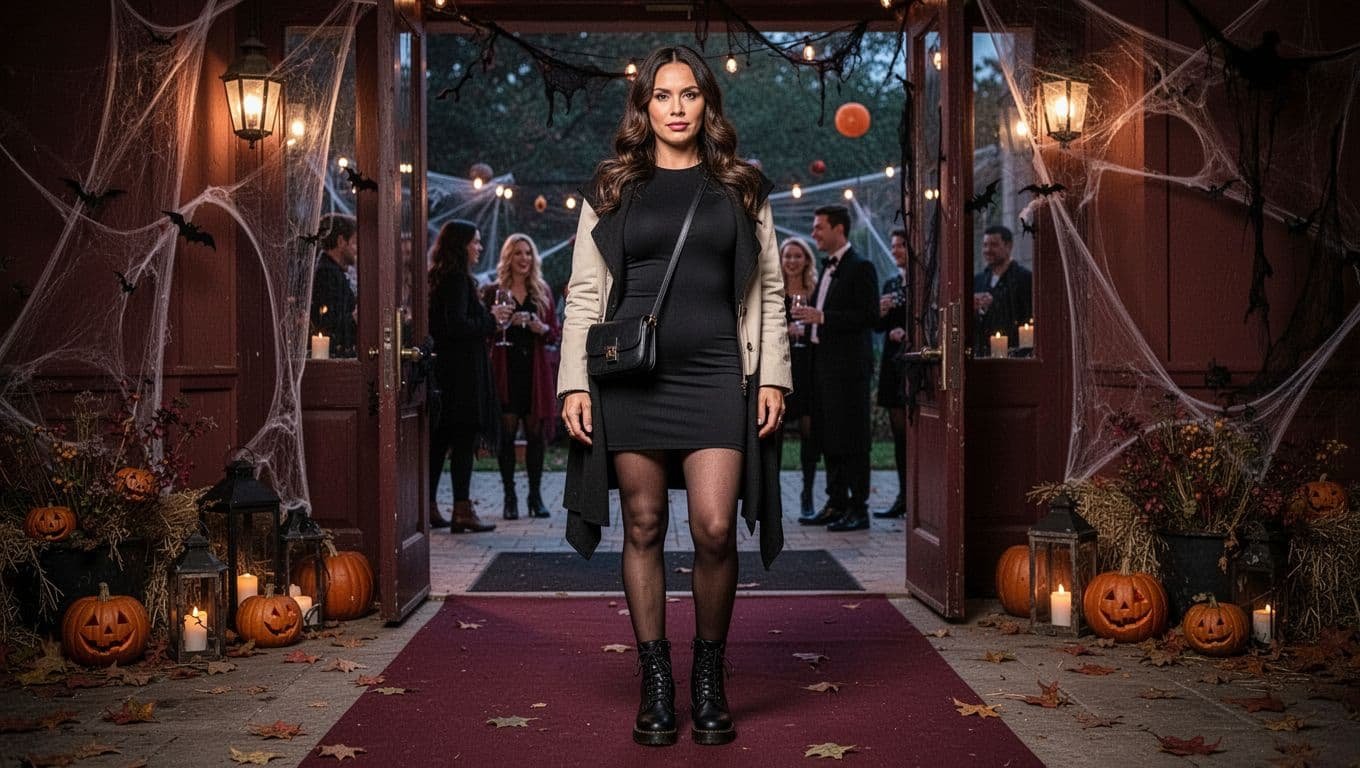 Woman in a black Halloween costume with boots and a crossbody bag at a party entrance.