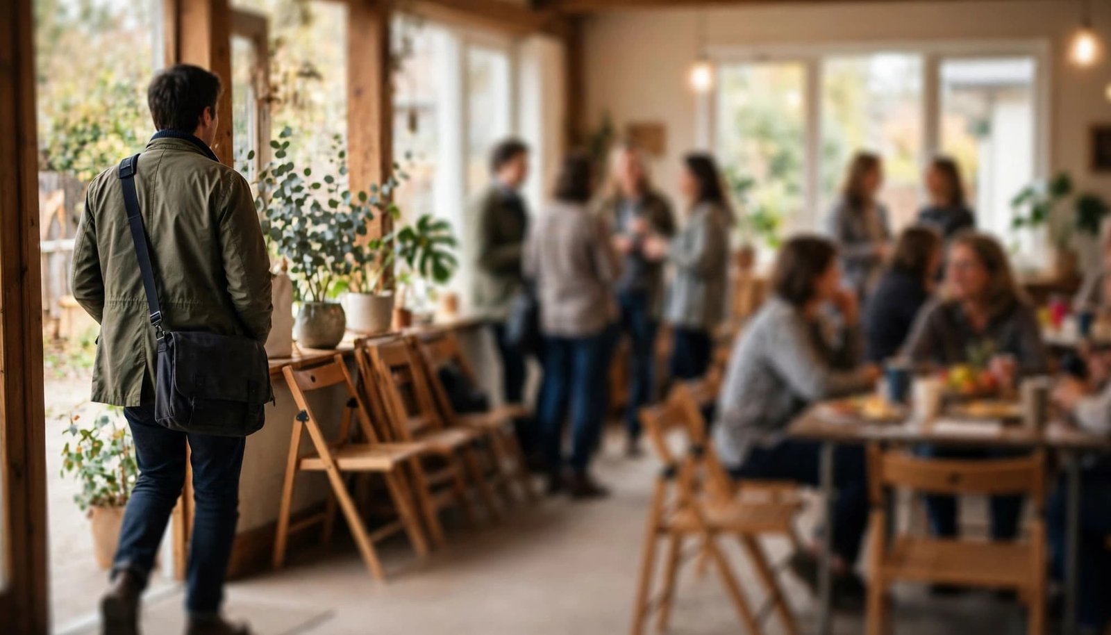 An adult enters a community center while small groups chat in the background.
