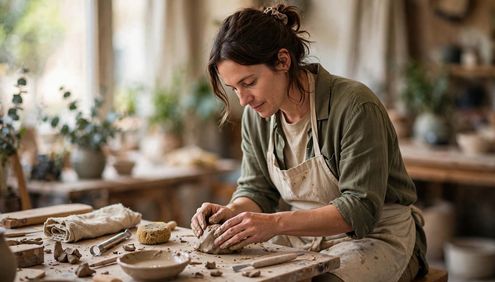 An adult shapes clay at a pottery table while blurred classmates sit in warm window light.