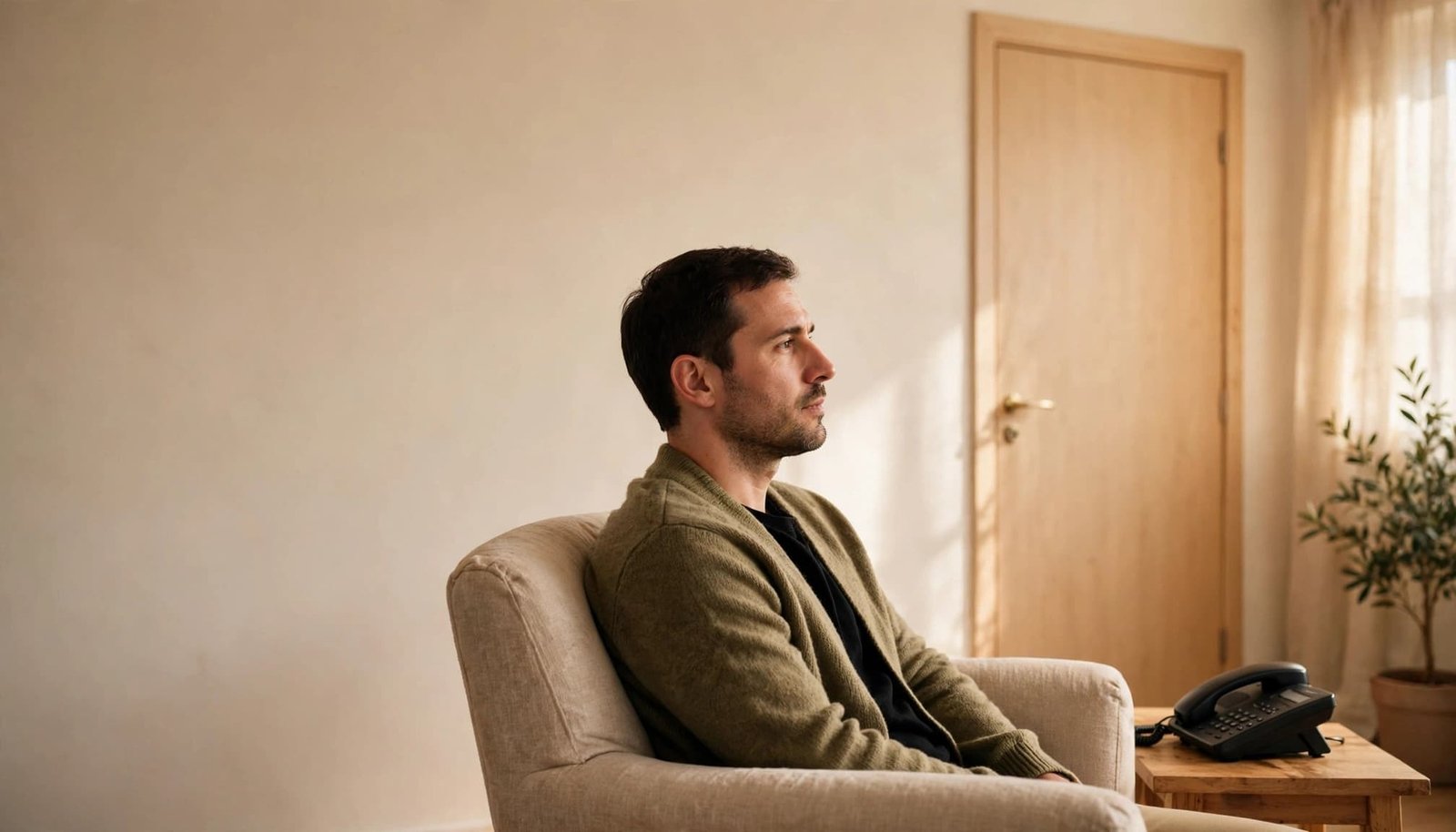 An adult sits in a quiet office beside a closed door and phone.