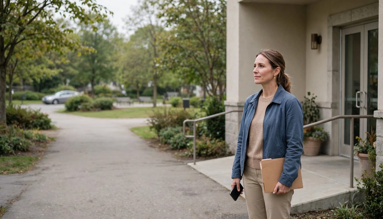 An adult with a phone and folder stands near a public building entrance.