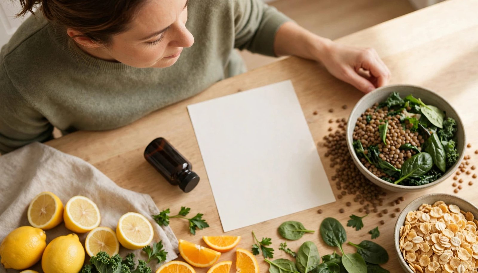 Woman comparing an iron supplement with foods on a sunny kitchen counter.