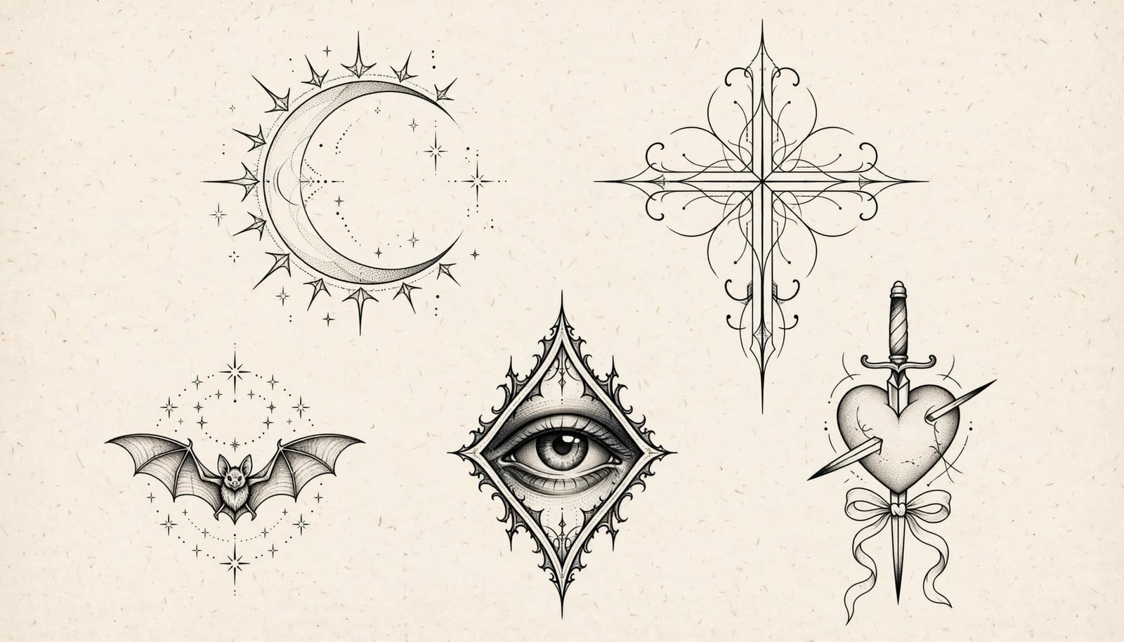Five gothic tattoo designs arranged on warm ivory paper.