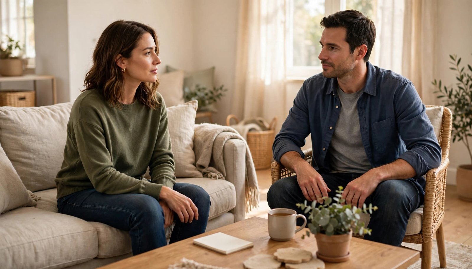 Two adults calmly discuss boundaries in a bright living room with a blank notepad nearby.