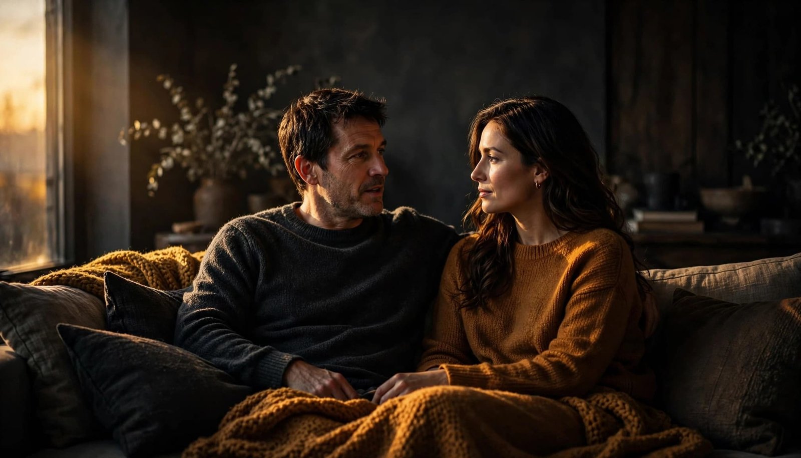 A couple shares a quiet conversation in a warmly lit living room.