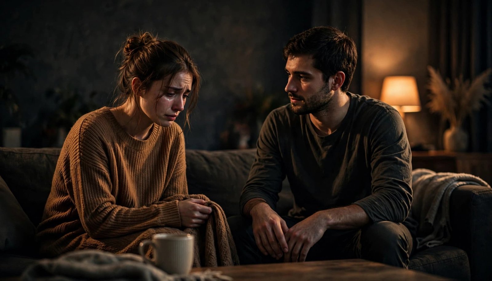 A couple having a tense conversation as the man listens calmly in a warm living room.