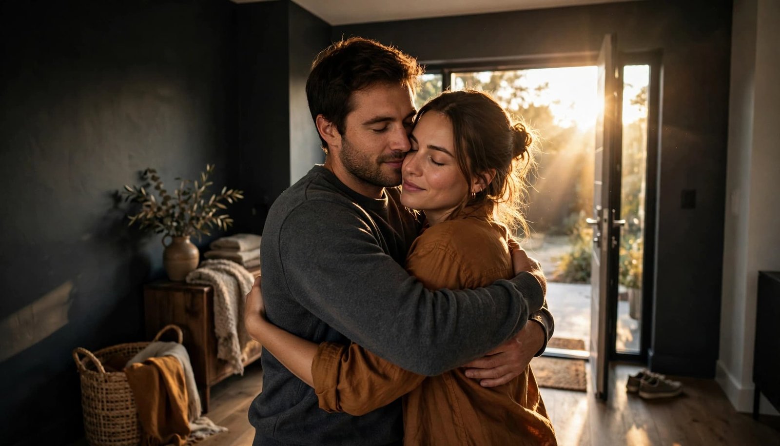 A couple embraces near a sunny doorway at home.