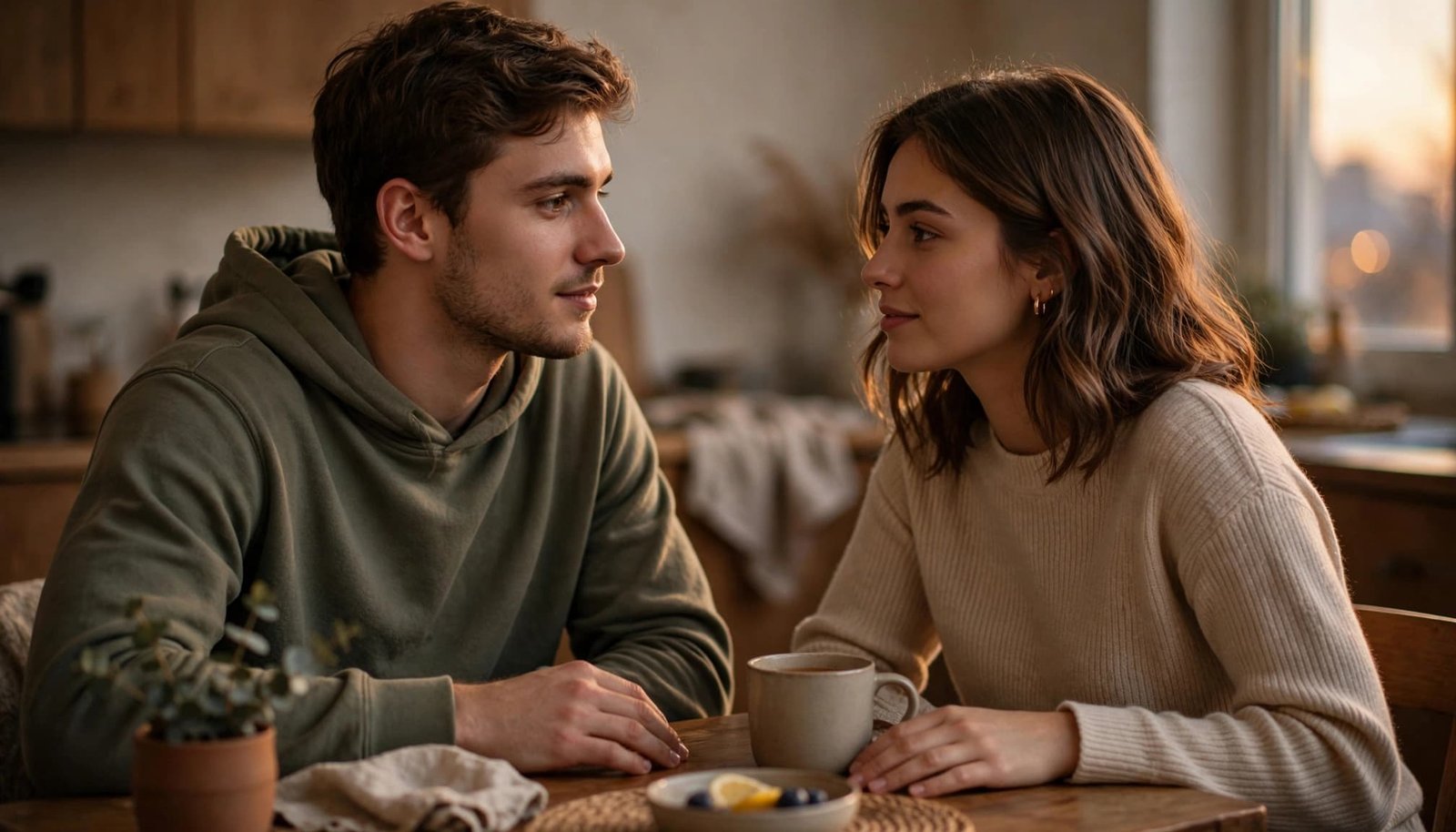 A young couple shares a quiet conversation at a small kitchen table.