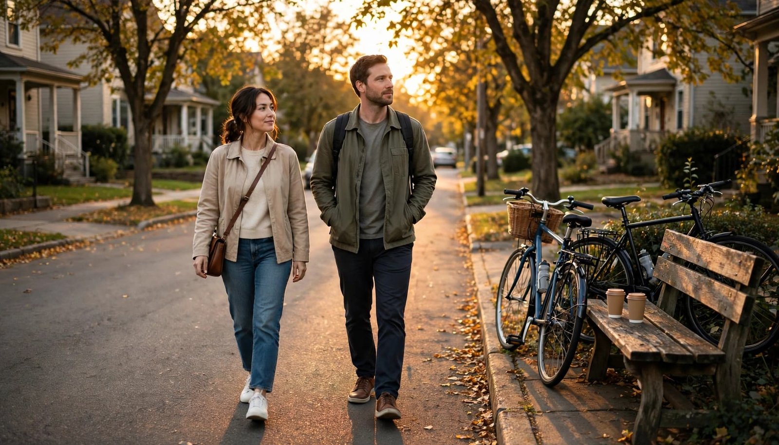 A couple walks together on a quiet street near coffee cups and bicycles.