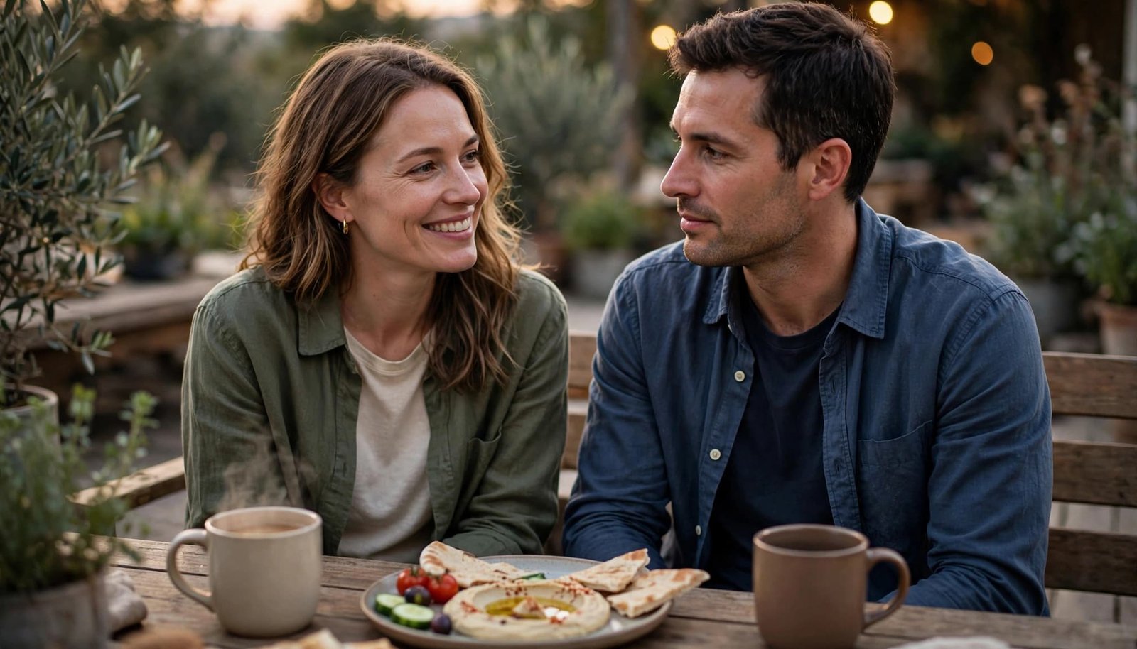 A couple shares a quiet meal and conversation on an outdoor patio.