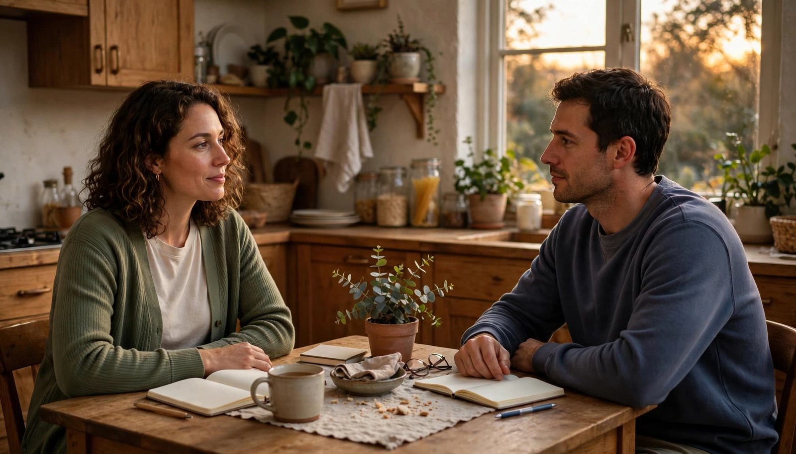 A couple calmly talking across a kitchen table with notebooks and pens.