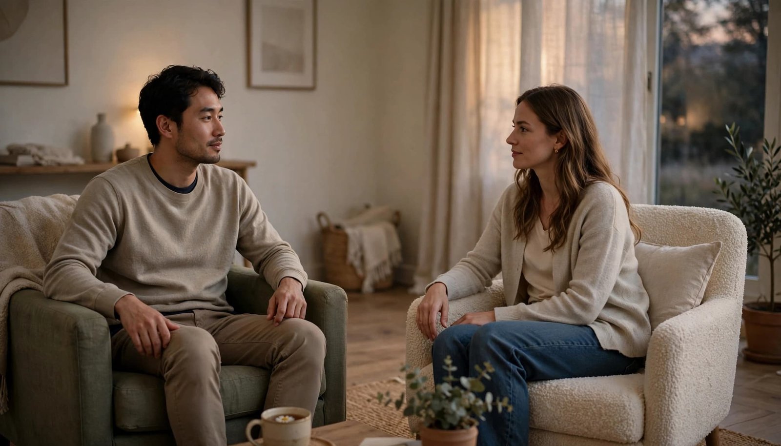 A couple calmly talking from separate chairs in a softly lit living room.