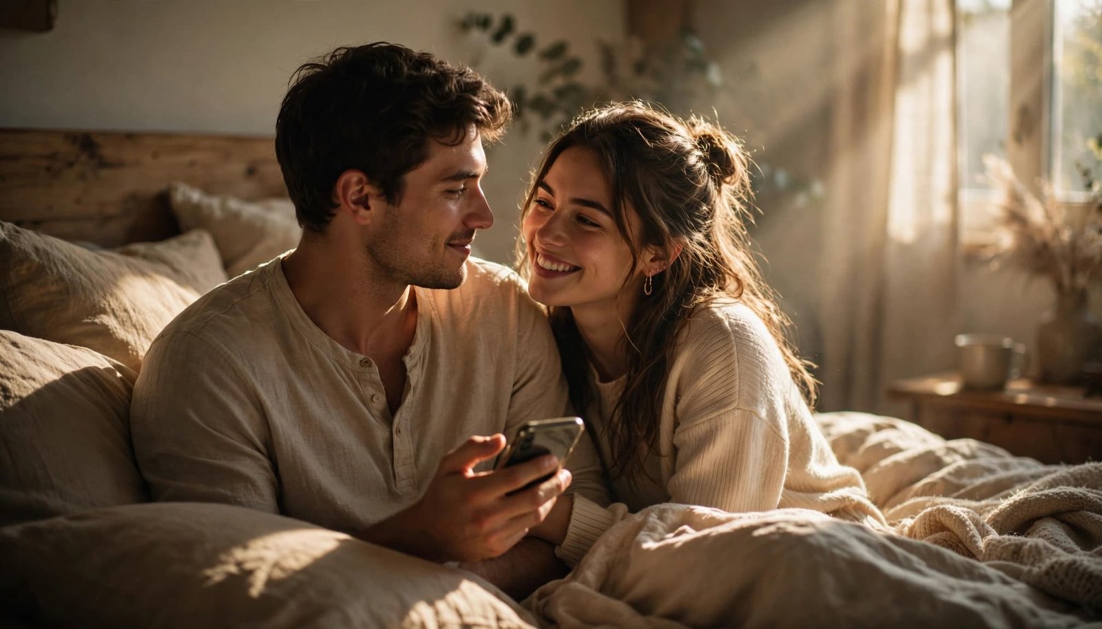 A couple shares a warm morning moment in a sunlit bedroom, with one holding a phone.