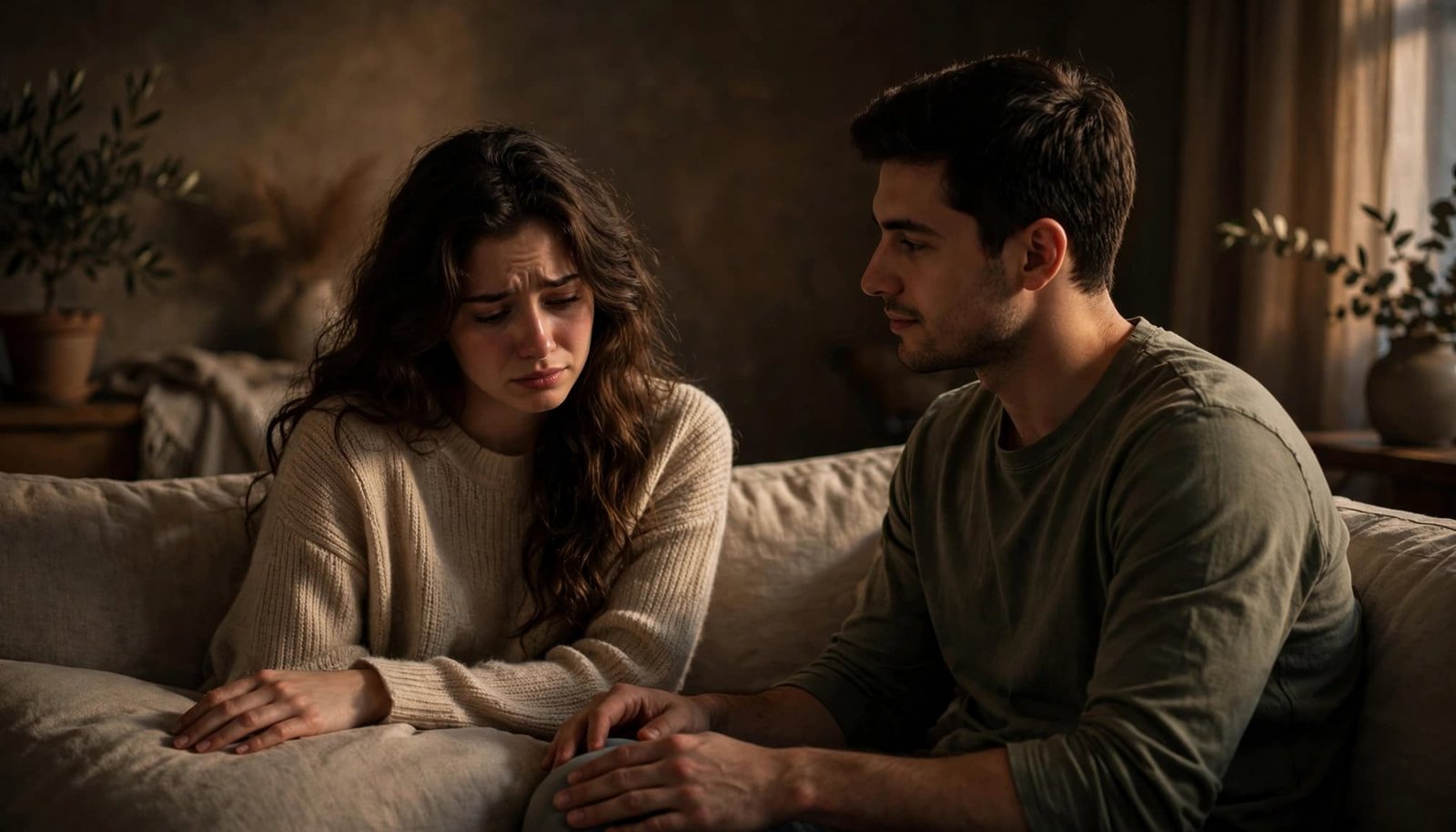 An upset woman sits across from her partner, who listens calmly in a warm living room.