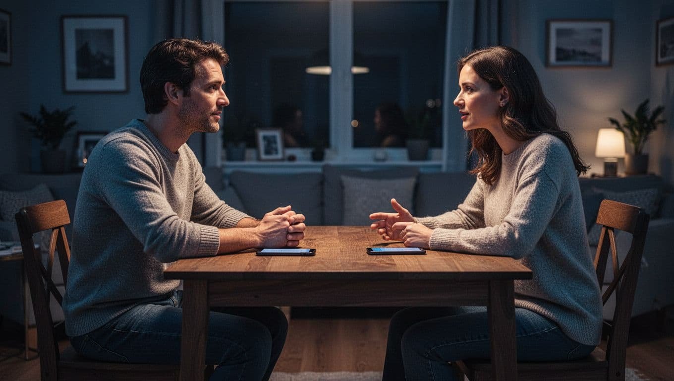 A couple calmly talks across a table while their phones rest nearby.