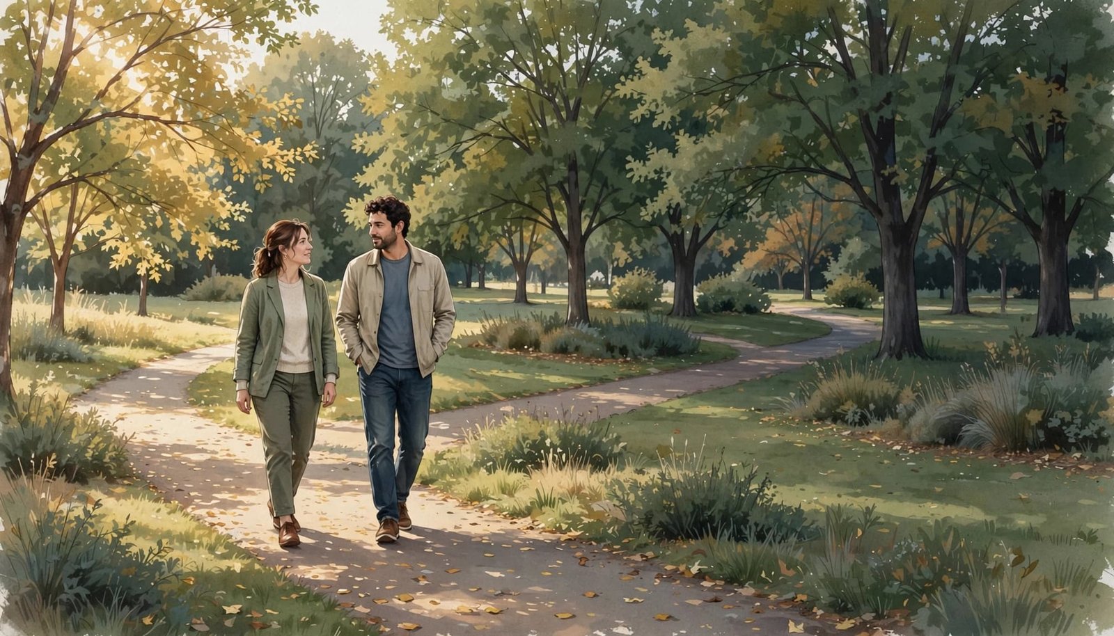 A couple walks and talks beside a winding path in a quiet, sunlit park.