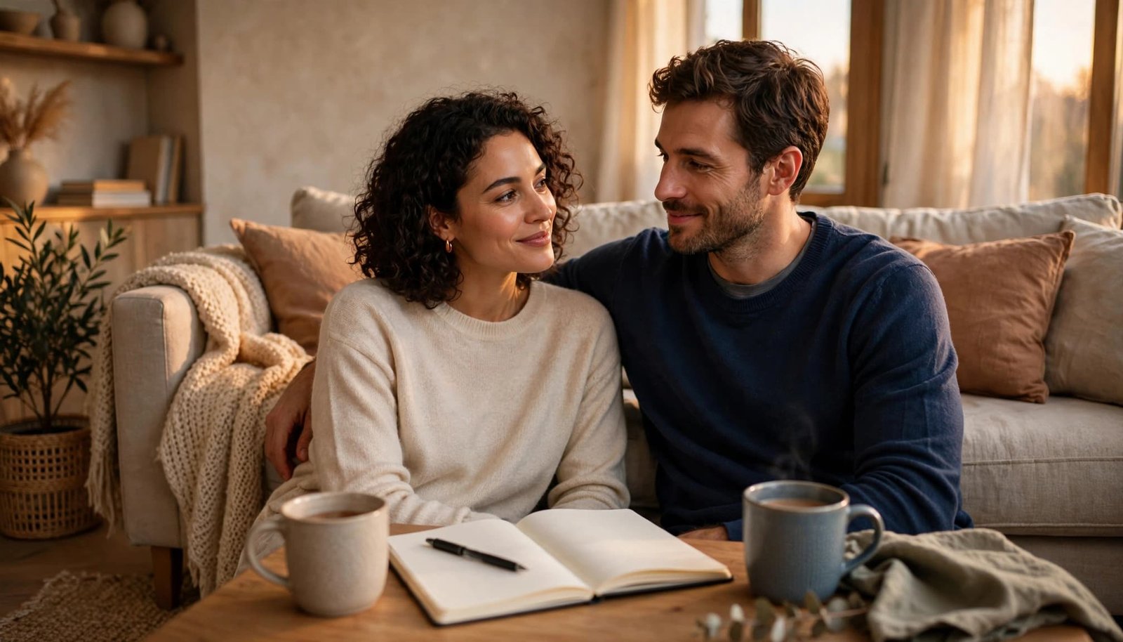 A couple talks on a sofa beside a notebook and two mugs.